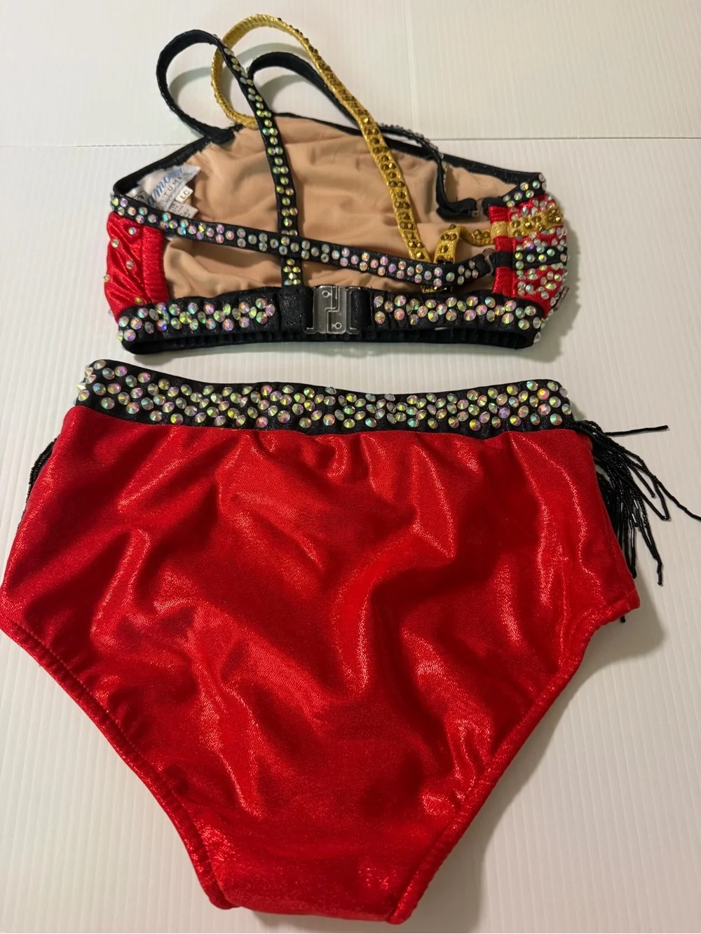 Glamour dance costume solo 2 piece red contemporary jazz fringe LC-large child